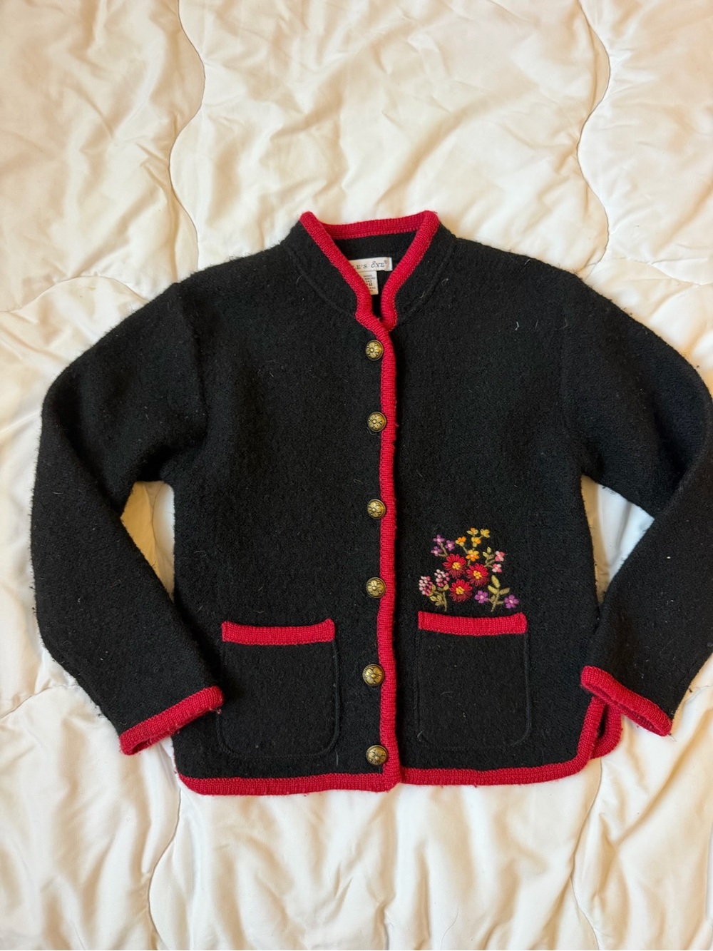 Kids Black Wool Jacket/Sweater with Red Trim and Floral Embroidery